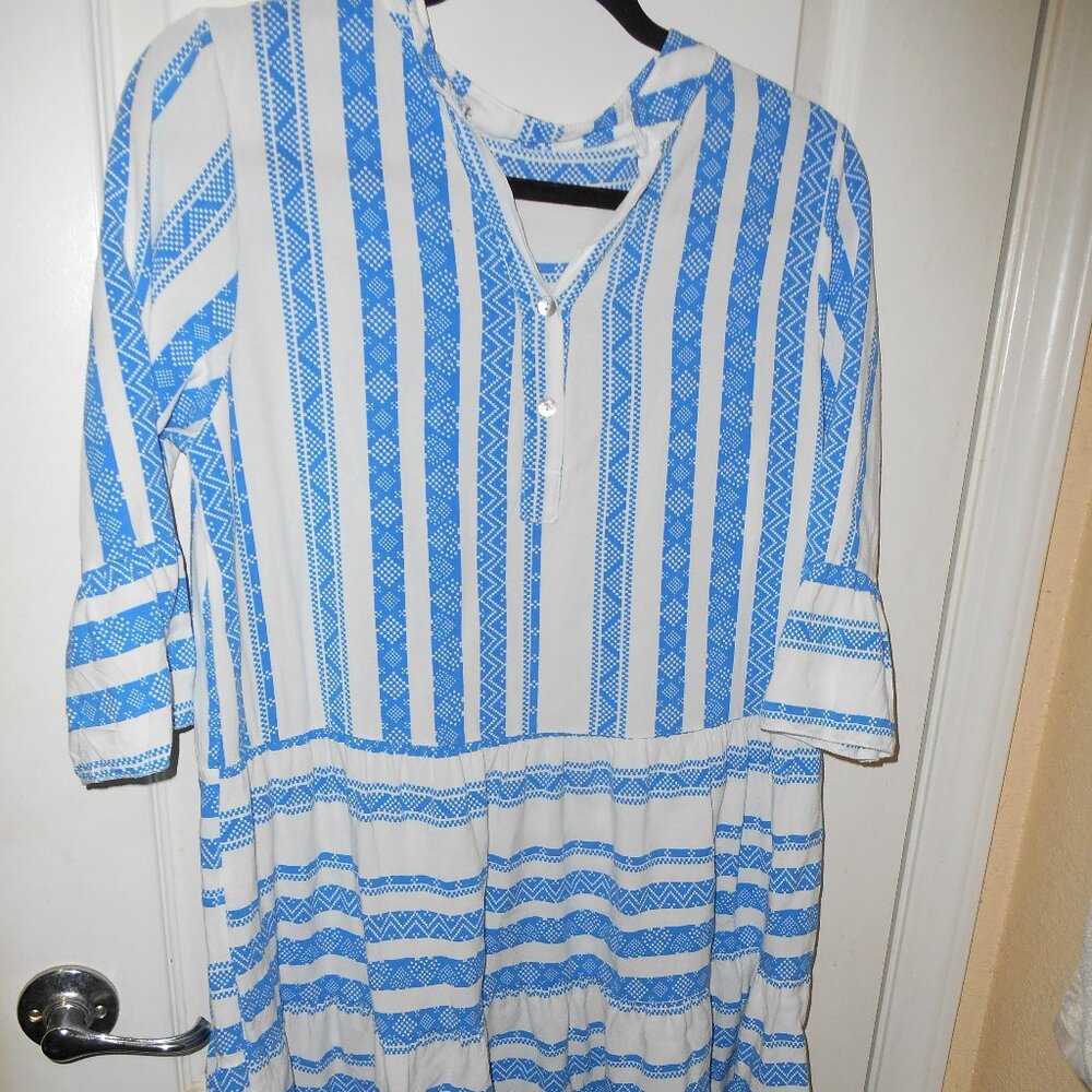 BLUE & WHITE VISCOSE MINI DRESS SWIM COVER RUFFLE HEM BOHO SIZE 5 MADE IN ITALY